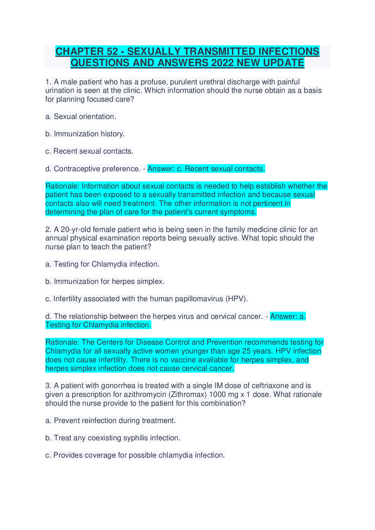 Preview of CHAPTER 52 - SEXUALLY TRANSMITTED INFECTIONS QUESTIONS AND ANSWERS 2022 NEW UPDATE